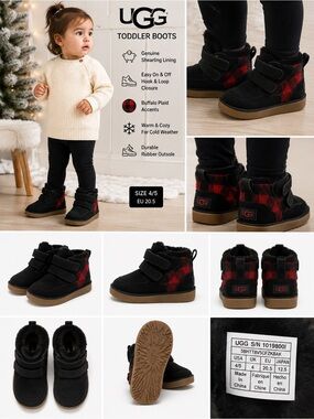 UGG Toddler Black Suede Buffalo Plaid Shearling Hook & Loop Boots Size 4/5